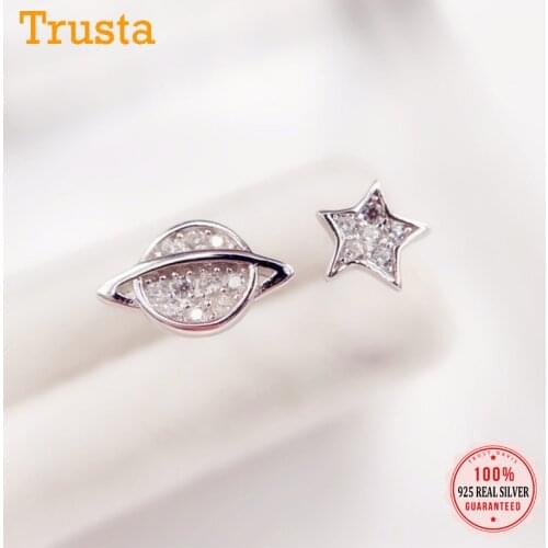 Trustdavis 925 Sterling Silver Twinkling CZ Asymmetric Planet Star Stud Earrings For Women Fine Wedding Party Jewelry DS1055