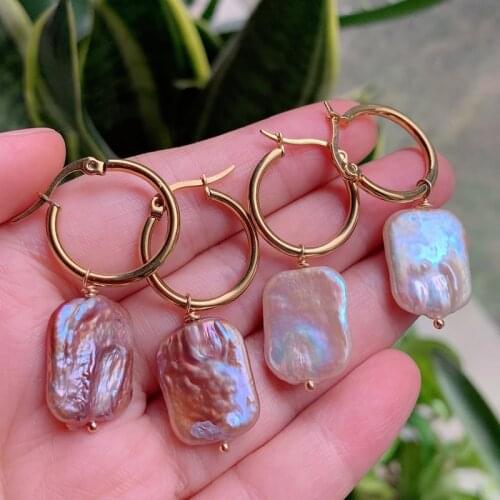 Vintage Elegant Real Natural Freshwater Pearl Earrings for Women Irregular Rectangle Baroque Pearl Stainless Steel Hoop Earrings