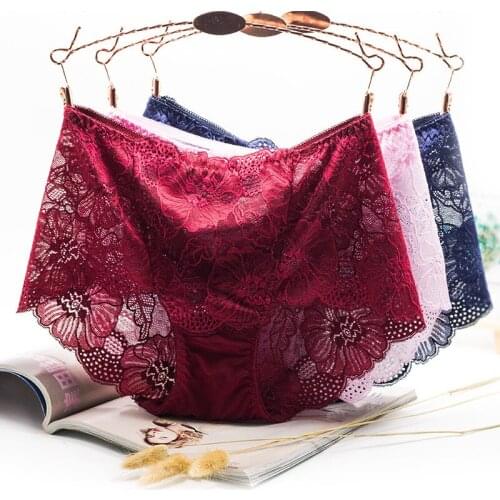 Wasteheart Women Fashion Red Cotton Lace High Waist Sexy Panties Underwear Lingerie Women Briefs 3 Piece 3 Color L XL Plus Size