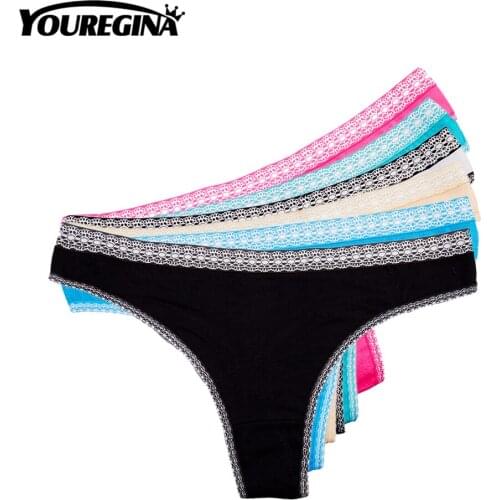 YOUREGINA Sexy Thong Women Underwear G-String Patchwork Solid Pure Lace Panties Cotton Ladies Intimates Lingerie 6pcs/lot M L XL
