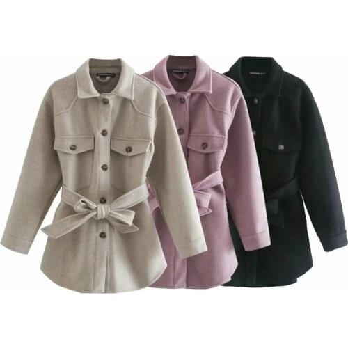 Za Women 2020 Fashion With Belt Loose Woolen Jacket Coat Vintage Long Sleeve Side Pockets Female Outerwear Chic Overcoat