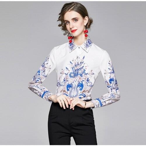 2021 Autumn Vintage Women Blouses Fashion Designer Runway Floral Print Long Sleeve Shirt Femininas Female Clothes