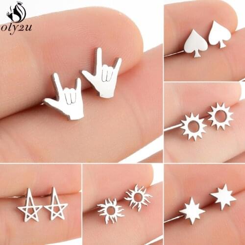 2021 New Geometric Gestures Earring for Women Black Stainless Steel Star Heart Gear Sun Totem Stud Earrings Girls Party Jewelry
