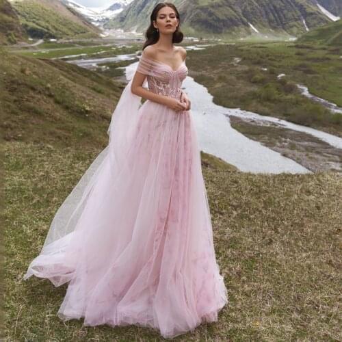 Eightree Pink Wedding Dresses Beach Boho Floral Printed A-Line Princess Bridal Dress Off Shoulder Elegant Plus Size Wedding Gown