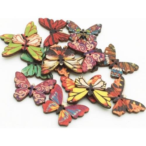 50pcs Retro Colorful Butterfly Wooden Buttons For Fabric Handwork Sewing Scrapbook Clothing Crafts Accessories Needlework Button