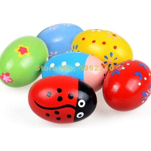 6pcs/lot Baby Wooden Music Colorful Cute Egg Shaker Animal Polka Dot Pattern 7cm Toy