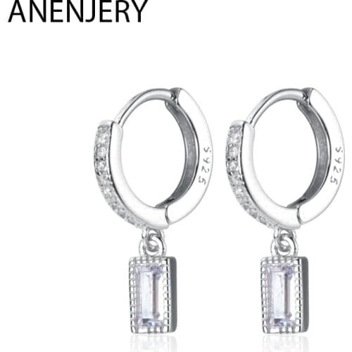 ANENJERY 925 Sterling Silver Minimalist Cute Full Cubic Zircon Square Hoop Earrings For Women Daily Jewelry Gifts S-E1109