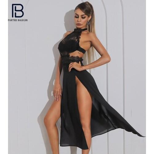 PB Chic Black Long Dress Lace Splicing Design Sexy High Split Backless Celebrity Party Club Vestido Free Shipping