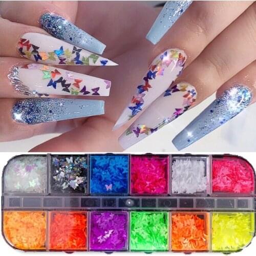 12 Grid/Set Fluorescence Butterfly Sequins Nail Art Glitter Slices Flakes 3D Mixed Color Sparkly Gel Polish Manicure Decorations