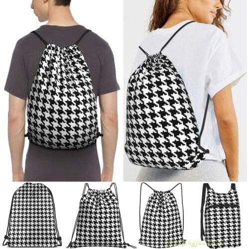 Houndstooth Piet De Poule Black Men Outdoor Travel Gym Bag Waterproof Drawstring Backpack Women Fitness Swimming Bag