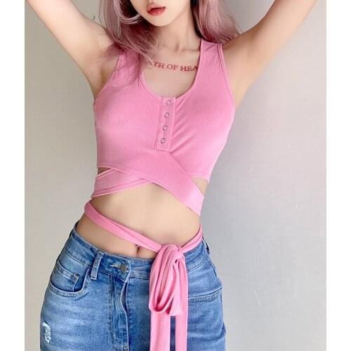 Hirigin Euro American style 2021 summer new womens fashion casual slim fit solid color lace up bow vest crop top women y2k