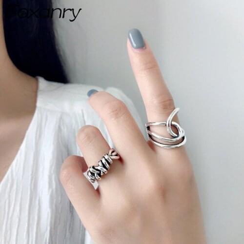 Foxanry 925 Sterling Silver Party Rings for Women Vintage Handmade Geometric Double Layer Cross Irregular Finger Jewelry Gifts