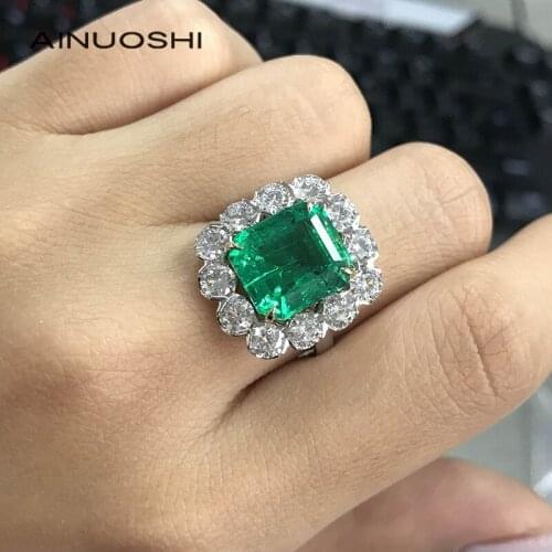 AINUOSHI 14K/18K White & Gold 10X11mm Emerald Cut 5.2ct Green AINUOSHI Stone Halo Praty Ring for Women Trendy Luxury Gift