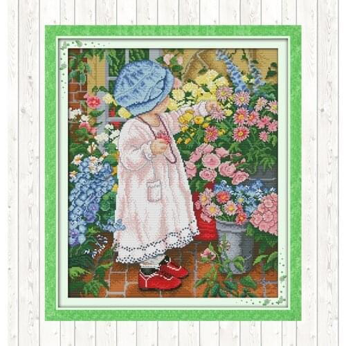 Flower Girl Cross Stitch Sets Aida 14ct 11ct Printed Fabric Canvas Counted Chinese Cross-stitch Embroidery Thread Set Needlework