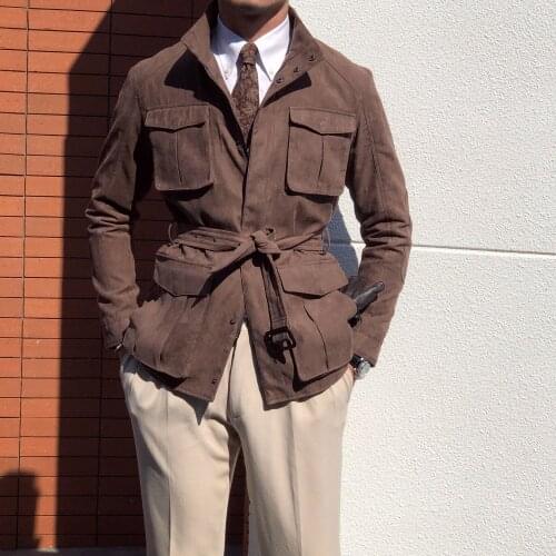 Mens Clothing Spring New Faux Suede Safari Thick Solid Color Lapel Jacket Double Zipper Casual Slim Single-breasted Jackets