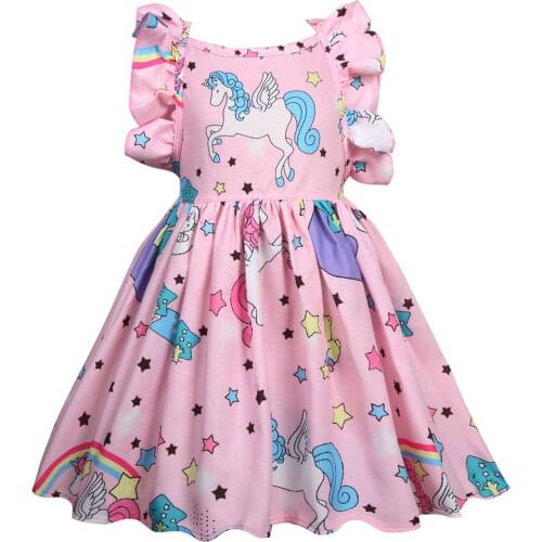 Cute Dresses for Girls Kids Summer Sleeveless Unicorn Dresses Print Ruffles Party Sundress Age 3-8 Years