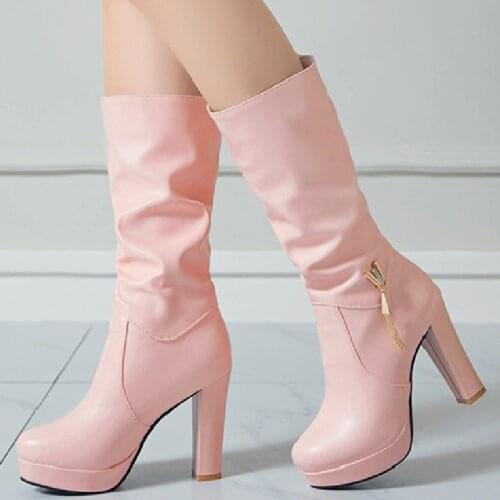 Sweet Pink Knee High Boots Women Shoes Fashion Womens High Boots Casual Autumn Winter Black White Party Shoes Woman