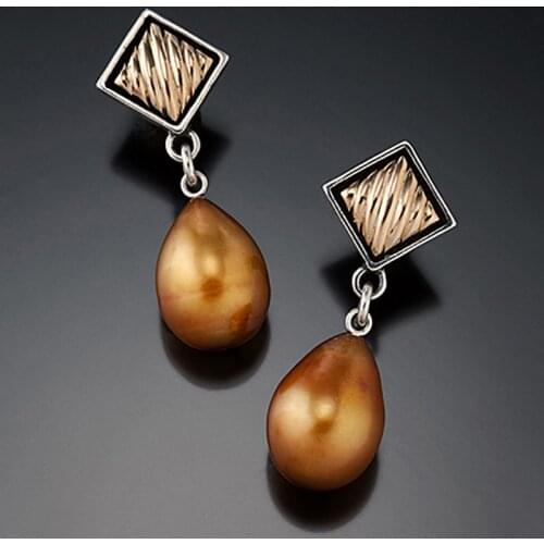 Fashion Plated Rose Gold Two Color Rhombuses Ear Studs Antique Pearl Charm Geometric Drop Earrings Vintage Exquisite Jewelry