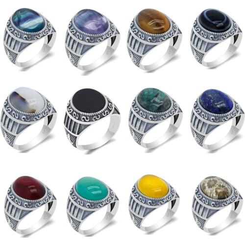 Silver 925 Mens Ring with Lapis Lazuli/Fluorite/Tiger eyes/Agate/Coral Stone Castle Design Vintage Thai Silver Turkish Jewelry