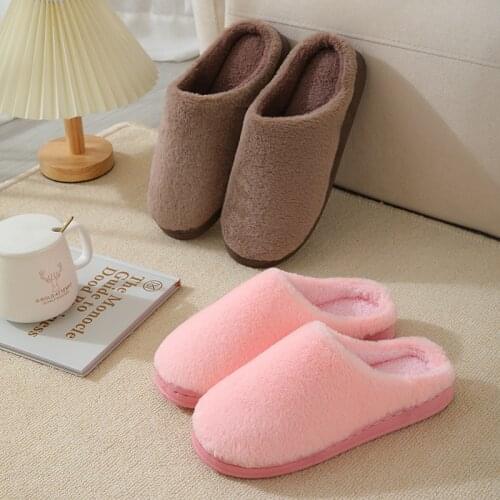 Womens Mens Pure Color Plush Cotton Slippers Couples Home Warm Cotton Slippers Unisex Winter Non-slip Home Shoes