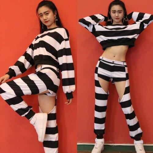 Sexy Striped Top Pants Suit Jazz Dance Costumes Hip-Hop Street Dance Nightclub Bar Female Singer Lead Dancer Clothes DWY4459