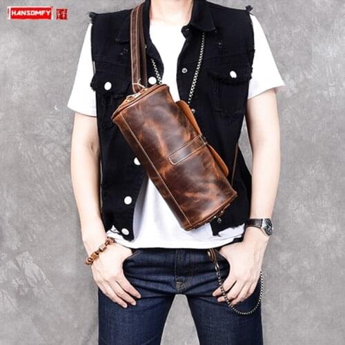 Retro Leather Mens Shoulder Crossbody Bag Genuine Leather Small Messenger Bag Male Chest Bag Bucket Bags Crazy Horse Leather