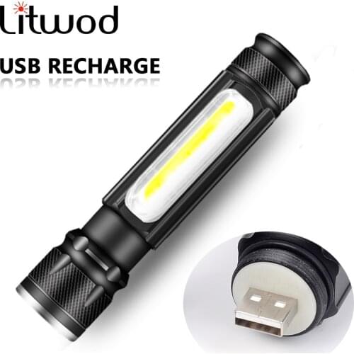 XM-L T6 Built-in Battery USB Rechargeable LED Flashlight Torch Aluminum Lanterna Camping 2000LM COB Zoomable 3 Modes Bulbs Black