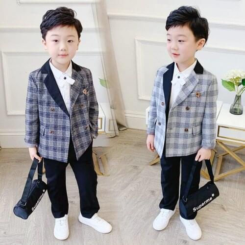 2020 Spring Children Plaid Suit Set Flower Boys Joint Collar Suit Pants 2pcs Clothing Set Kids Wedding Birthday Party Costume