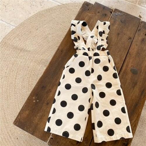 Vintage Girls Polka Dot Pants Ruffles Lace Kids Suspender Jeans for Girls Clothing Casual Children Trousers Princess Girls pants