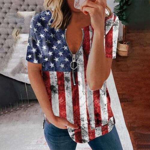 Summer Women Fashion Print V-neck Short Sleeves Zipper T-shirt For Women Casual Loose Tunic Tops Tee Plus Size 2021 #T1Q