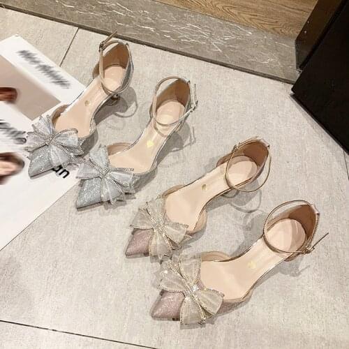 Womens Pointed High Heels Shiny Wedding Shoes with Bowknot Buckle