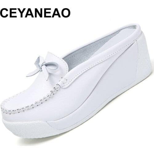 CEYANEAONew Women Platform Slipper Pattern Flats Breathable Leather Casual Shoes Slip-on Comfortable Butterfly-knot Nurses Shoes