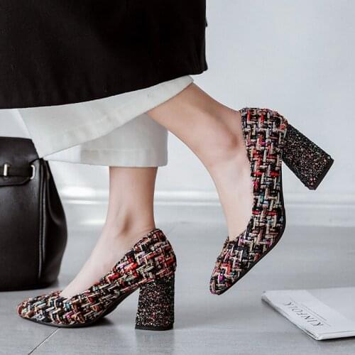 Plus Size 34-46 Square Heels Women Pumps Red Pointed Plaid Shoes Women Shallow 7cm High Glitter Heels 2020 Party Wedding Shoes