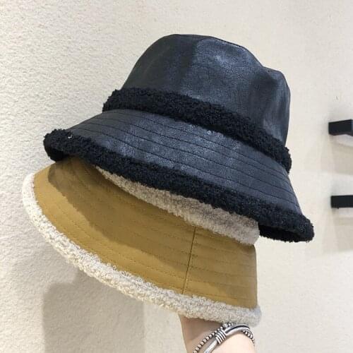2021 Winter Faux Leather Bucket Hat Women PU And lambswool Warm Fishing Cap Casual Fashion Panama Waterproof Fisherman Hats