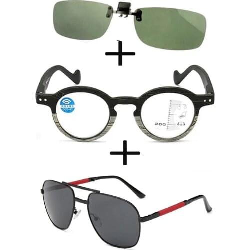 3Pcs!!! Progressive Multifocal Far and Near Reading Glasses Men Women + Polarized Sunglasses Pilot Foldable + Sunglasses Clip