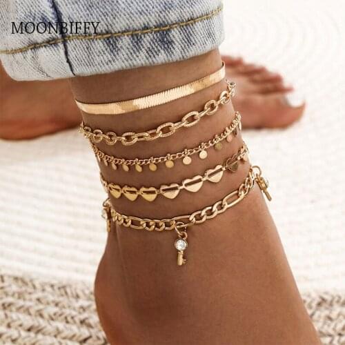5Pcs Vintage Bohemian Gold Color Chain Anklets Women Girls Key Heart Butterfly Leg Ankle Anklet Bracelet Beach Jewelry