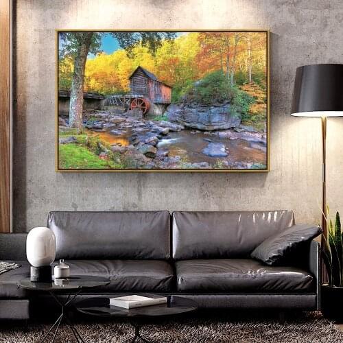 Artcozy Oil Canvas Painting Stones_Autumn_Mill_Glade_Creek_Grist_Mill_Babcock_State_Park_Virginia_For Home Decoration Wall Art
