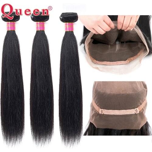 Brazilian Straight Hair Bundles With 360 Lace Frontal Closure Queen Hair 3 Bundles With 360 Closure Remy Natural Black Hair