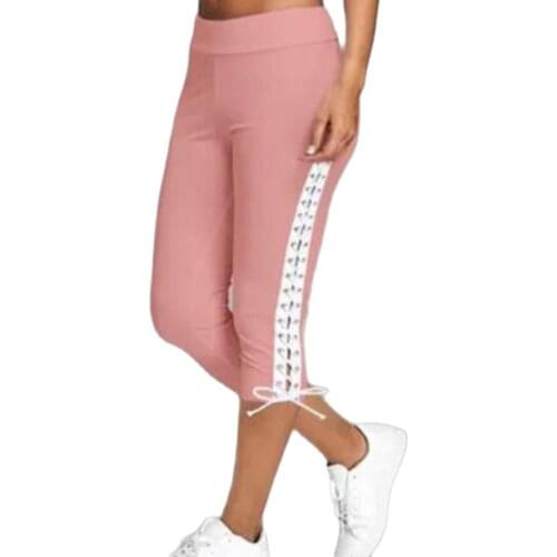 Elastic Waist 3/4 Pants Side Lace Up Hollow Out Bottoms Slim Capri Pants Female Jogging Femme Plus Size High Waist Pants L-4XL