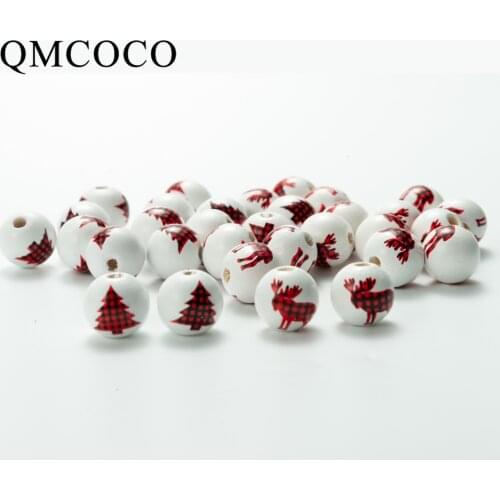 20Pcs/Pack Red Printed Christmas Tree Elk Wooden Beads DIY Custom Decoration Fashion Crafts Kid Toy Jewelry Bracelet Accessories