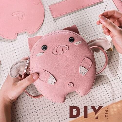 DIY Cute Pig Handbag Material Tool Set, Handmade Cross Bag Leather Pattern, Leather Needle,Thread, Punch, Polishing Tools