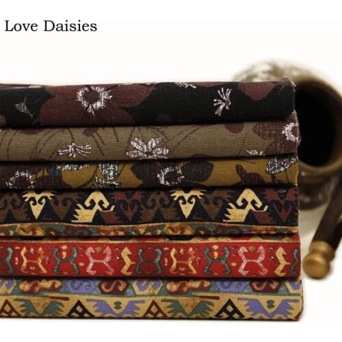 Cotton/Linen Ethnic BLACK BROWN OCHRE Flower RED PURPLE Transverse stripe Fabric for Apparel Dress HomeDecor Tablecloth Cushion