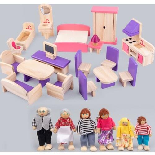 Children Play House Toy Miniature Furniture Dolls Wooden Dollhouse Furniture Set Educational Pretend Play Toys Kids Girls Gifts