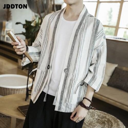 JDDTON Mens Cotton Linen Jackets Plaid Striped Kimono Chinese Style Three Quarter Sleeve Open Stitch Traditional Clothing JE048