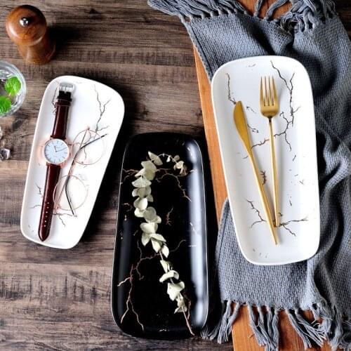 Ceramic Food Plates Gold Inlay Dinner Dishes Hotel Marble Porcelain Salad Plate Tray Steak Home Tableware Jewelry Dessert Plates