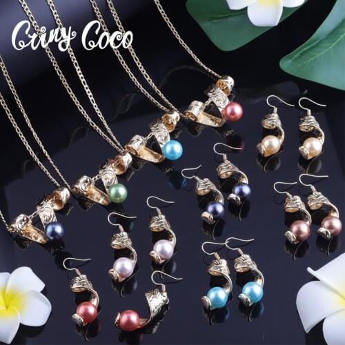 Hawaiian Jewelry Sets Chains Fashion Colorful Polynesian Nacklace Spiral Pearl Gold Drop Earring Set Jewelry 2021for Women Party