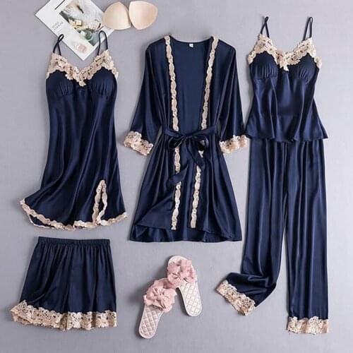 5pcs Suit Ladies Sexy Silk Satin Pajamas Set Female Lace Pyjama Set Sleepwear Spring Summer Home Wear Nightwear For Women Pyjama