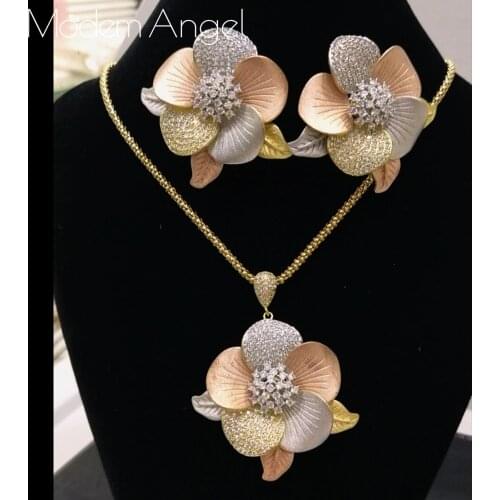 ModemAngel High Quality Delicate Flower 2Tone Copper Women Party Baguette chakra pendant Necklace And Earring Fashion Set