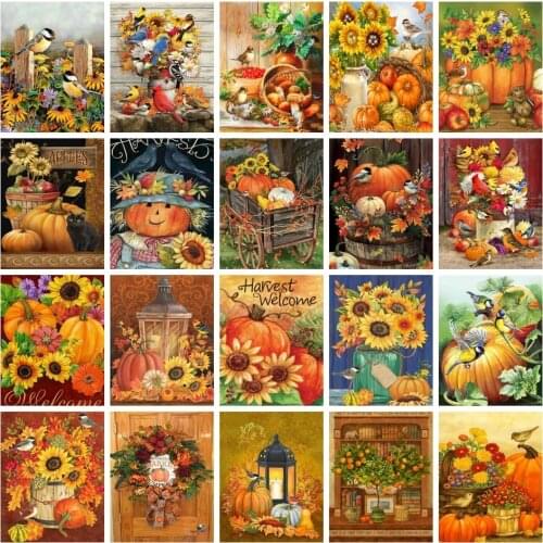 AZQSD Drawing By Numbers Sunflower Birds Pumpkin Halloween Gift Acrylic Painting By Numbers Flower Home Decor Diy Framed Gift
