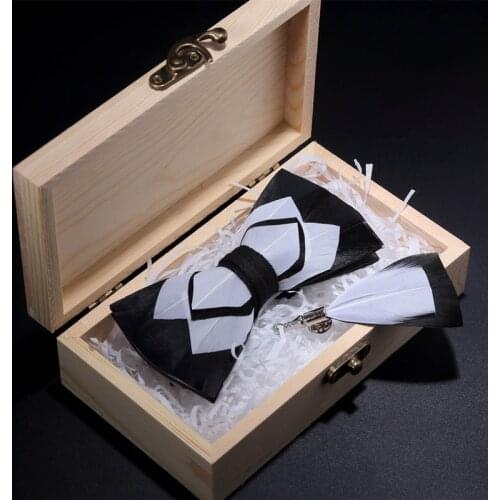 JEMYGINS Original Black & White Feather Bow Tie Hand Made Fashion Youth Men Bowtie Brooch Pin Gift Box Set For Party Bowtie